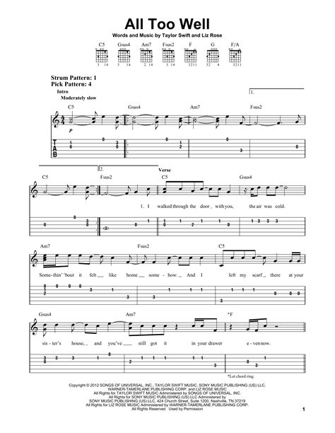 Lyrics Begin: I walked through the door with you, the air was cold. I walked through the door with you, the air was cold. Safe & Sound (Taylor Swift feat. The Civil Wars) Taylor Swift All Too Well Easy Guitar TAB. Includes Easy Guitar TAB for Guitar or Voice in C Major. SKU: MN0114714. 